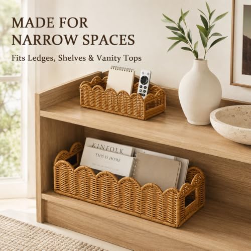 2-Piece Rattan Shelf Storage Baskets, Scalloped Edge Organizer