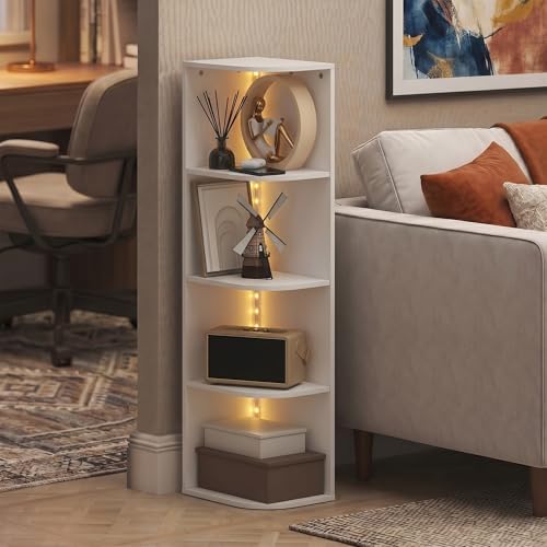 Furinno PASIR Book Shelf with LED Lights, 4-Tier Bookshelf, Open Corner Shelf Bookcase, 9.3 x 12 x 41.4, for Home Office