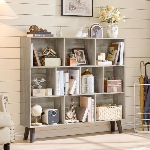 LEYAOYAO 10 Cube Bookshelf,Mid-Century Modern Bookcase with Legs,Retro Grey