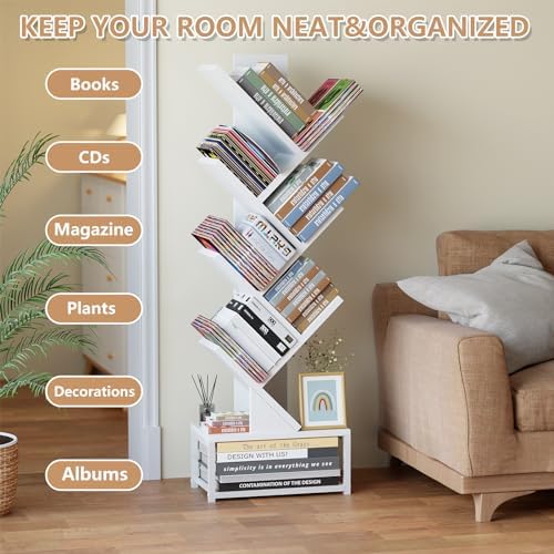 EasyCom Tree Bookshelf Metal Base, 7 Tier Bookcase Storage, Floor Standing Bookshelf Organizer for CDs/Books, Bookshelve