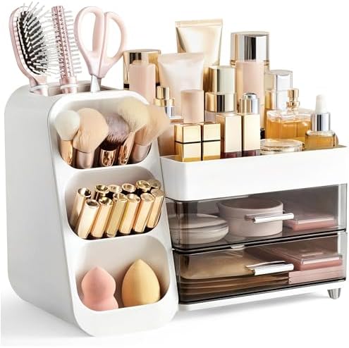 HBlife Makeup Organizer with Brush Holder for Vanity, Large Plastic Bathroom Countertop Organizer Skin Care Storage, Eas
