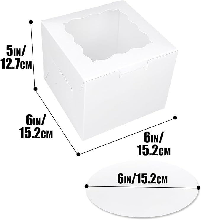 qiqee White 6"x6"x5" Cake Box 36Pcs, 6" White Cake Round Boards 36Pcs, for Cake, Treat Cookie Dessert, Birthday Party