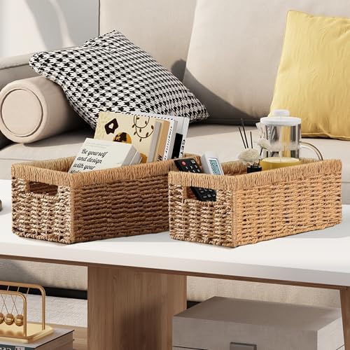 Vagusicc Wicker Storage Basket, Set of 2 Hand-Woven Paper Rope Wicker Baskets for Organizing Decor Storage Bins for Coun