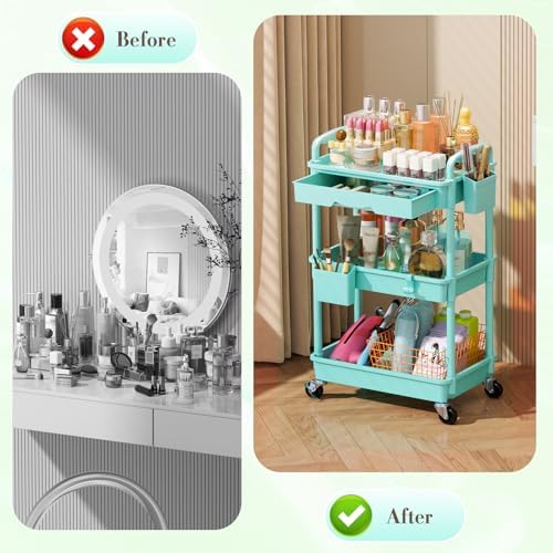 SUNALLY Makeup Cart Organizer with Drawer, 3 Tier Rolling Makeup Cart, Blue