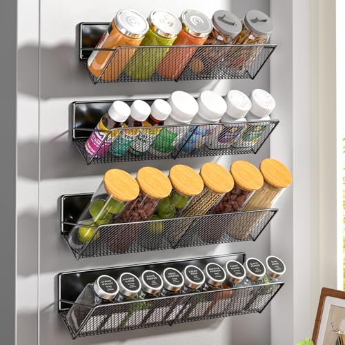 DTUQYX 4 Pack Magnetic Spice Rack for Refrigerator, 45° Tilted Shelf Organizer with Anti-Slip Guardrail, No-Drill Metal 