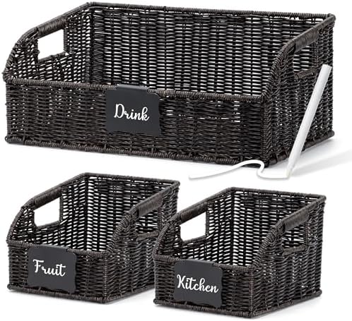 Pantry Baskets for Organizing,Wicker Storage Organizers,3Pack,Black
