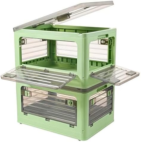 32Qt Plastic Storage Bins with Lid, Collapsible Storage Bins with Wheels, Storage Boxes with 4 Doors, Stackable Storage 