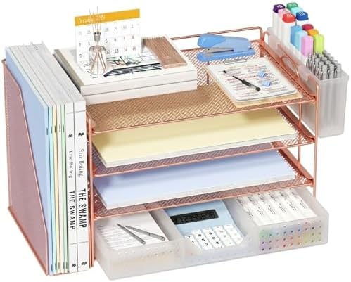 ECOLOVI Desk Organizer, 4-Tier Paper Organizer Letter Tray with File Holder, Drawer and 2 Pen Holders, Desktop File Organizer for Office Supplies, Workspace Storage, Rose Gold