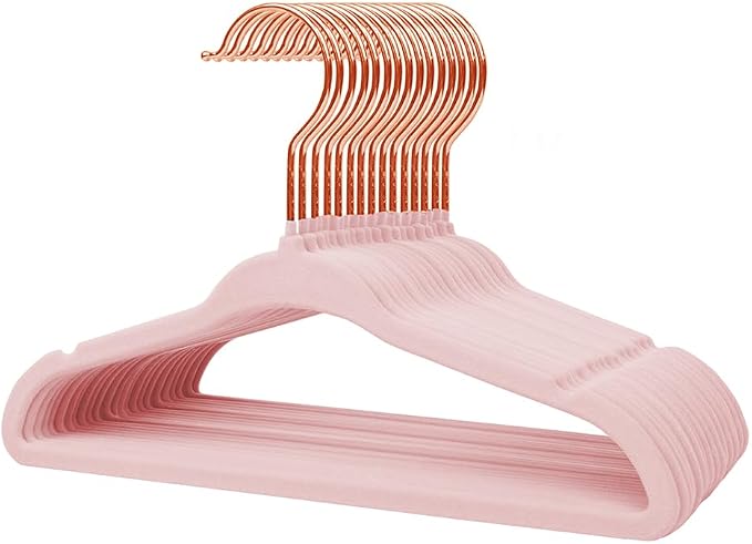 Stormix Baby Velvet Hangers, 16 Pack Children's Clothes Hangers Non-Slip Kids Hangers for Infant/Toddler Pink (Gold Hook)