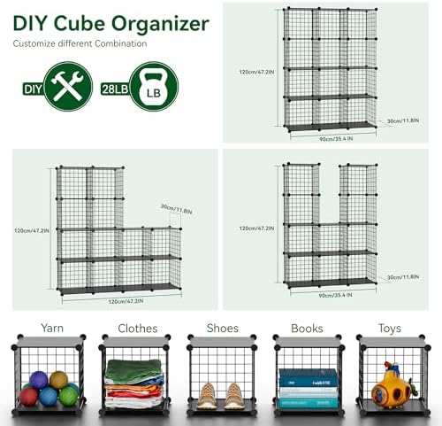 Wire Cube Storage Organizer, 12-Cube Metal Storage Shelves Bookshelf, Stackable Modular Closet Organizer for Bedroom Liv