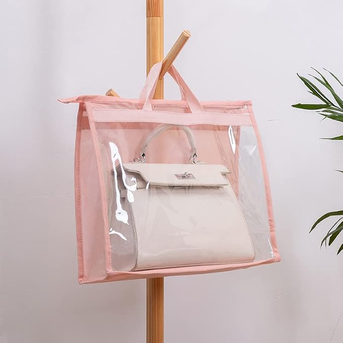 Handbag Dust Bags Clear Purse Storage Organizer for Closet Small to Extra Large Handbags Dust Free Bags Hanging Zipper Storage Bag with Hooks, (Pink, 4 Sizes-8PCS)
