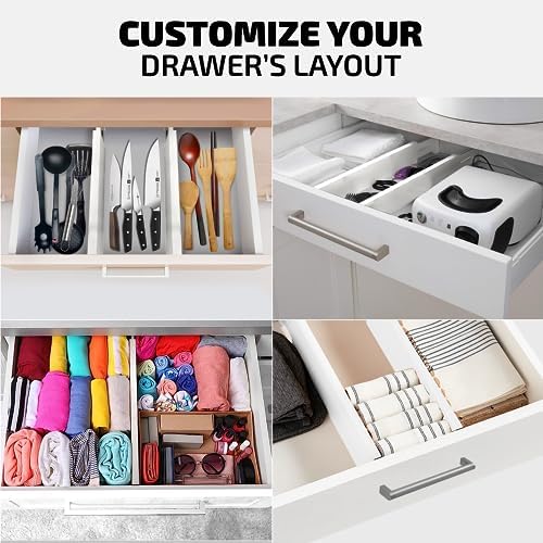 4-Pack Bamboo Drawer Dividers - 12.2 to 17.3 Inches Deep, 2.6 Inches High, Adjustable Expandable Drawer Organizer Dresse