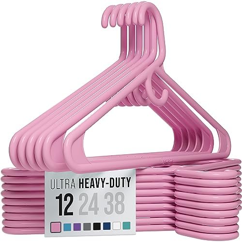 NEATERIZE Thick Heavy Duty Hangers - Pink Plastic Clothes Hangers 12 Pack - Great for Coat Hanger, Jackets Jeans & Suit Hanger for Closet - New Apartment Essentials Percheros Ganchos para Colgar Ropa
