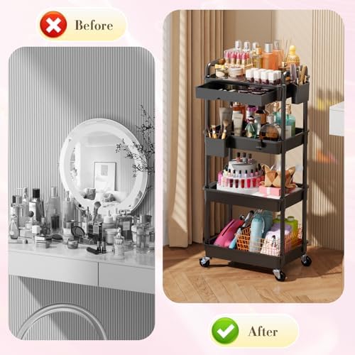 SUNALLY Makeup Cart Organizer with Drawer,4 Tier Rolling Makeup Cart, Black