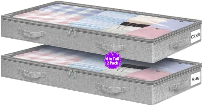 Below 4 Inches High Under Bed Storage, Low Profile Underbed Storage Containers, NO RIGID STRUCTURE, Foldable & Thin Storage Bags, Clothes Organizer w/Clear Lid & Zipper, 2-Pack, 20x40x3.7 Inches, Gray