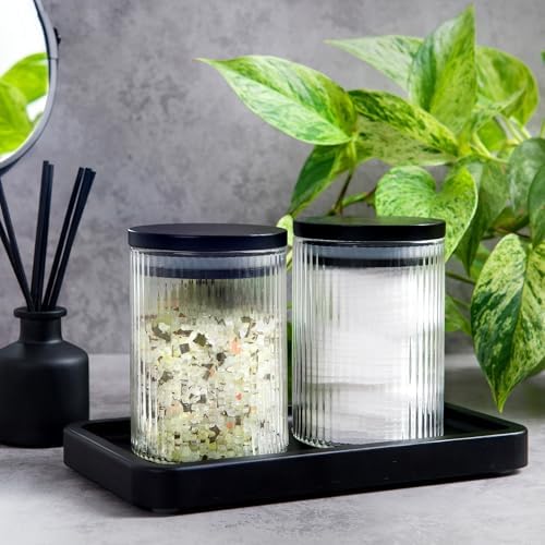 Mason & Fable Ribbed Glass Bathroom Jars & Tray Set | 10 fl oz, Set of 2 Storage Canister with Airtight Black Bamboo Lid
