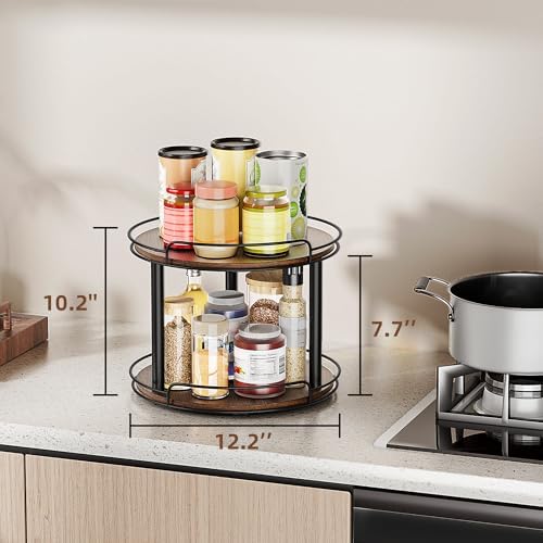LAMU 12'' Wood Lazy Susan Turntable Organizer for Cabinet, 2 Tier Lazy Susan Spice Rack Organizer for Kitchen, Table Top