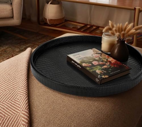 HofferRuffer Round Serving Tray 20'', Elegant Faux Leather Circle Ottoman Table Tray, Serve Tea Coffee Breakfast in Bedr