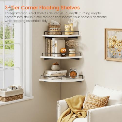 Homode Corner Wall Shelves, 3 Tier Wooden Corner Floating Shelves, White