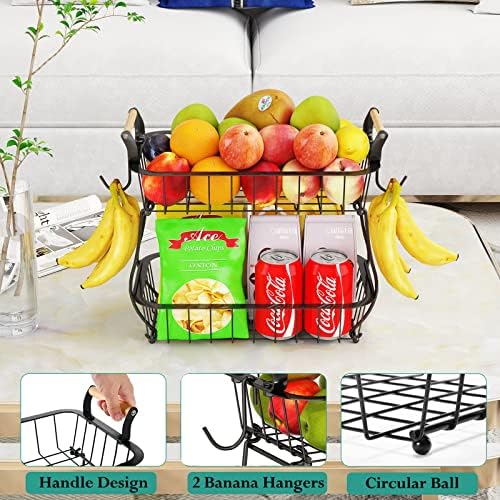 ANTOPY 2 Tier Fruit Basket with 2 Banana Hangers, Countertop Fruit Vegetable Basket Bowl for Kitchen Counter Metal Wire 