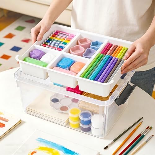 17 Qt Craft Organizers and Storage with Removable Tray and Divider, Clear Craft Storage Box, Stackable Art Supply Organi