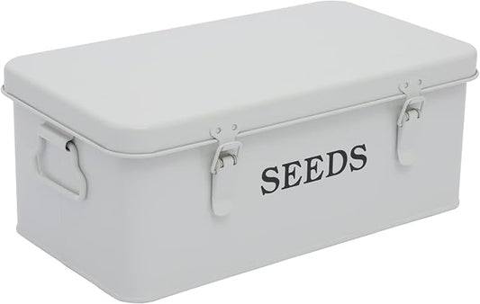 Seed Saving Box, Metal Seed Bin, Seed Storage Organizer, Seed Packet Container with Lid, Seed Envelope Storage Box, 4 Compartments Garden Seed Bin with Safety Locks-White