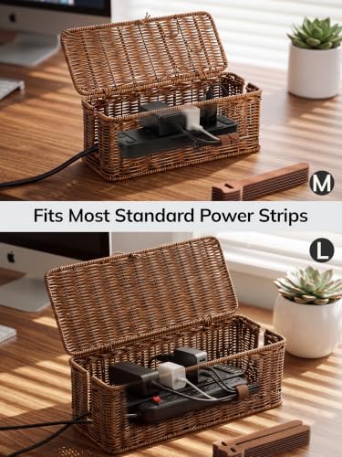 BROWNLILY Cable Management Box, Rattan Style Cord Organizer for Desk Cord Hider Outlet Covers for Power Strip Router Cha
