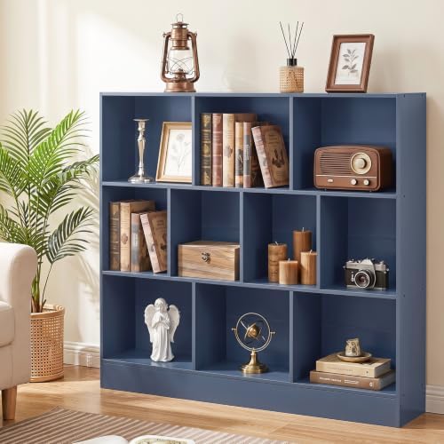 YAHARBO 3 Tier 10 Cube Long Horizontal Bookshelf, Under Window, Dark Blue
