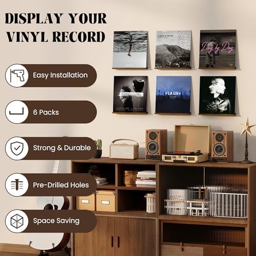 RICHFOCUS Vinyl Wall Mount, 6 Pack Solid Wood Record Shelf, Album Record Holder Display, 12 inch Floating Shelves for Wa