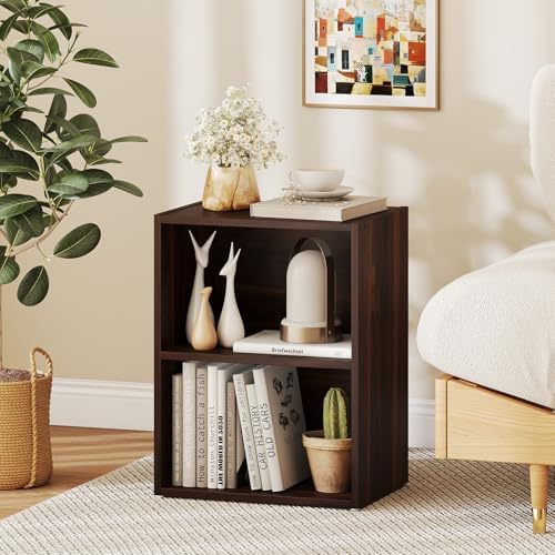 2 Cube Shelf, Wood Cubby Storage Organizer, 2 Shelf Bookcase with Adjustable Shelf, 21" Low Shelves, Small Bookshelf for