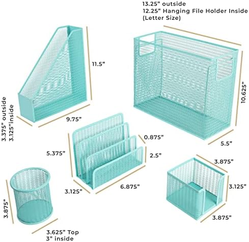 BLU MONACO Aqua Desk Organizer Set | 5-Piece Metal Office Supplies Set with Hanging File Organizer, Magazine Holder, Pen Cup, Sticky Note Holder & Letter Sorter | Cute Aqua Desk Accessories for Women