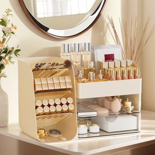 Makeup Organizer with 2 M Drawers & Brush Holders - Cosmetic Storage Case for Vanity, Bathroom Countertop & Desk - Skinc