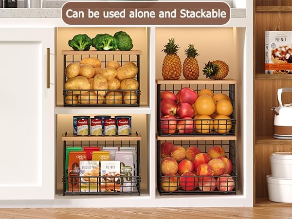 2 Set Stackable Wire Basket with Wooden Tops & Pad for kitchen organizers and storage, XXL Kitchen Counter Organizer for