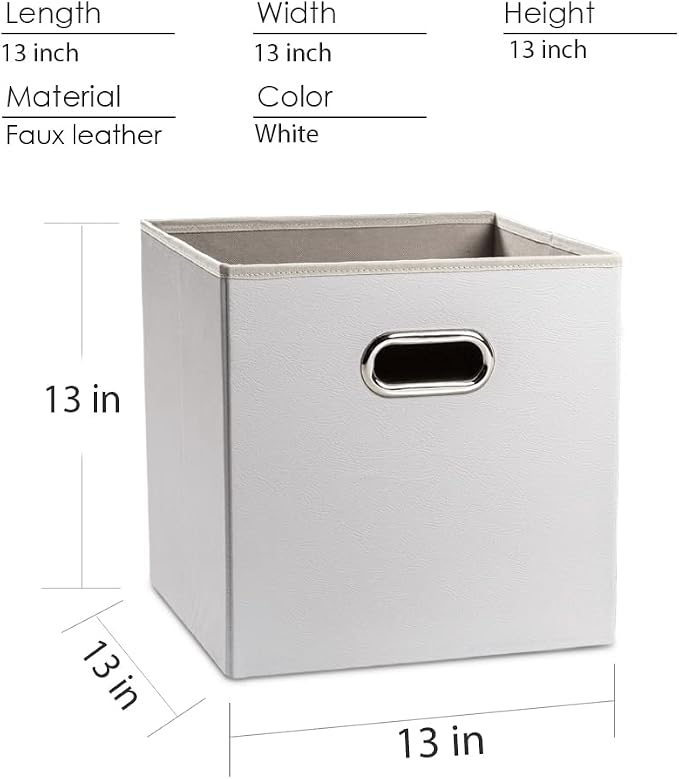 PRANDOM Leather Foldable Cube Storage Bins 13x13 inch [4-Pack] Fabric Storage Baskets Cubes Drawer with Cotton Handles Organizer for Shelves Nursery Closet Bedroom Clothes White