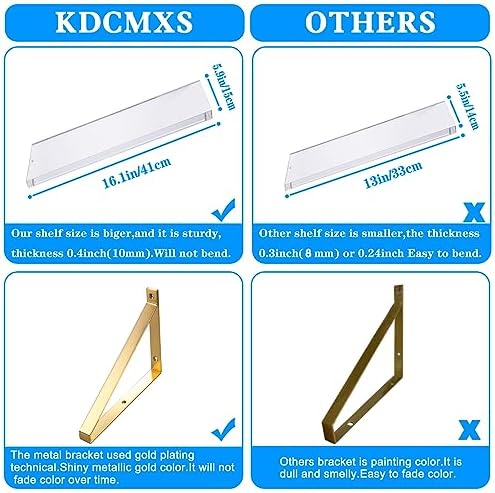 Gold Floating Shelves Crystal-Clear Acrylic Floating Shelves,Sturdy Thickness 10mm(0.4inch) Acrylic Shelves for Wall Dec