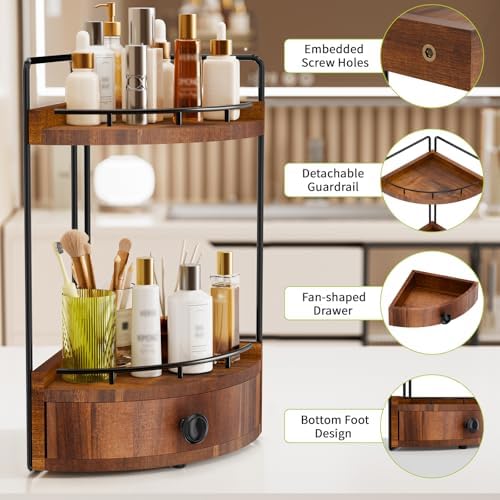 2-Tier Corner Bathroom Counter Organizer with Drawer, Acacia Wood