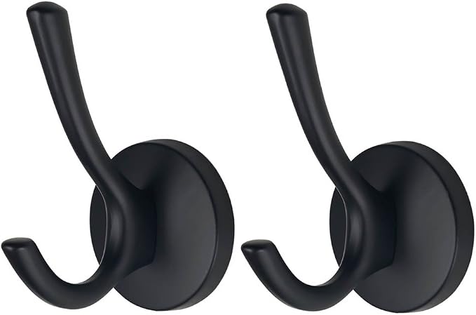 Mellewell Double Robe Hook 4-1/5'' Height Heavy Duty Towel Coat Hooks Wall Mounted Matte Black, 2 Pack, 09001D