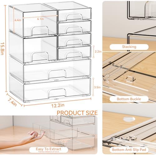 Yieach 8 Pack Clear Stackable Storage Drawers,Acrylic Drawer Organizer for Medicine,Palettes,Hair Accessories and Makeup
