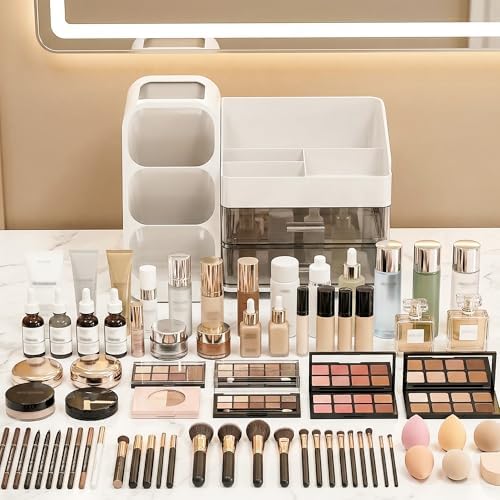 Large Capacity Makeup Organizer Countertop with Makeup Brush Holder for Vanity, Thickened Material, Bathroom Countertop 
