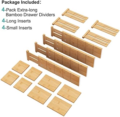4.4" High Bamboo Drawer Dividers with Inserts, Kitchen Adjustable Drawer Organizers, Expandable Organization for Home, O