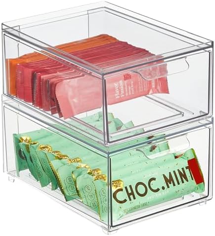 mDesign Stackable Storage Containers Box with Pull-Out Drawer - Stacking Plastic Drawers Bins for Kitchen Pantry and Cup