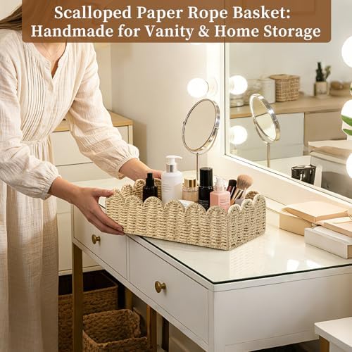 Upgraded Scalloped Wicker Toilet Paper Storage Basket, Handwoven Paper Rope Organizer for Toilet Tank & Shelves, Living Room, Bedroom & Entryway, Decorative Woven Bin, Beige L