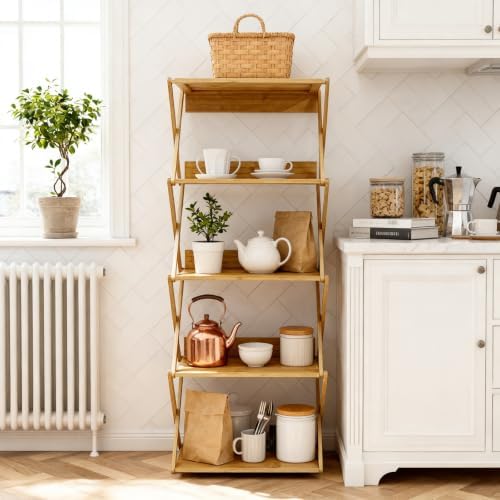 Aniston Bookshelf, 5 Tier Bamboo Bookcase with Back Panel, Standing Book Shelf for Small Space, Storage Shelves for Livi
