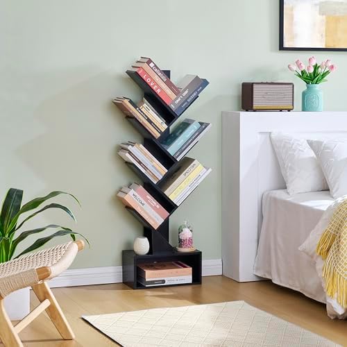 Hoctieon 6 Tier Tree Bookshelf, Tall Bookcase with Drawer, Freestanding Book Shelf, Display Floor Standing Storage Shelf