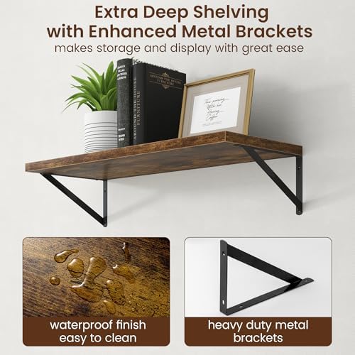 Axeman Deep Floating Shelves - 30 Inch Floating Shelves Set of 2-12 Inch Deep Brown Wood Wall Shelves for Living Room Ba