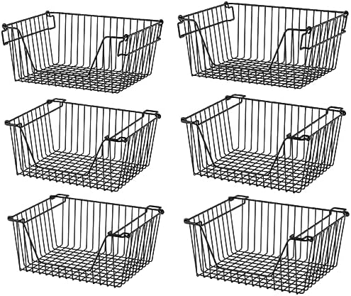 Slideep 14'' Black Stackable Storage Baskets Sturdy Metal Wire Freezer Bins Cabinet Organizer for Pantry Home Kitchen Or