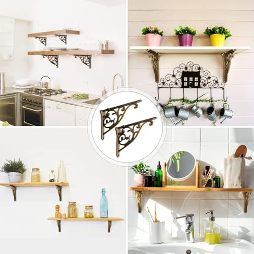 Khtumeware 8 Pack Antique Brass Shelf Bracket 8 Inch, Decorative Brackets for Shelving, Heavy Duty Vintage Ornate Shelf 