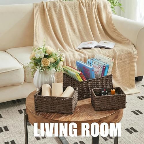 Small Wicker Basket for Organizing, Woven Storage Basket Set of 3 - Handwoven Natural Paper Rope Baskets to Declutter An