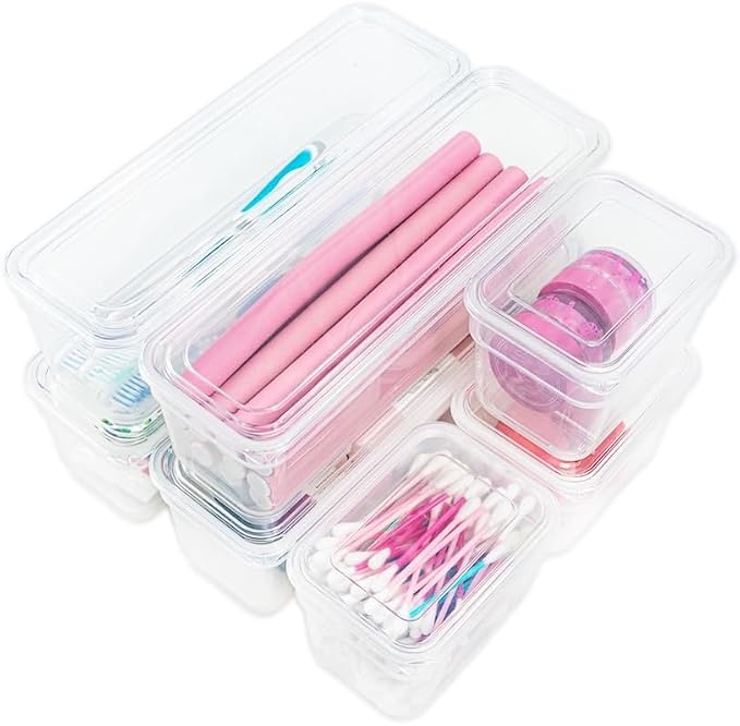 AB Designs Best Kept Plastic Storage Bins with Lids - Mixed Pack, 4 Long & 4 Small Home Organizer Storage Boxes with Lids, Clear