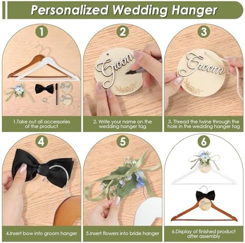 Bride & Groom Hanger - 2 Pack Personalized Name Tags, Dark & White Wood Bridal Dress Hanger, Ideal Keepsake for Wedding 